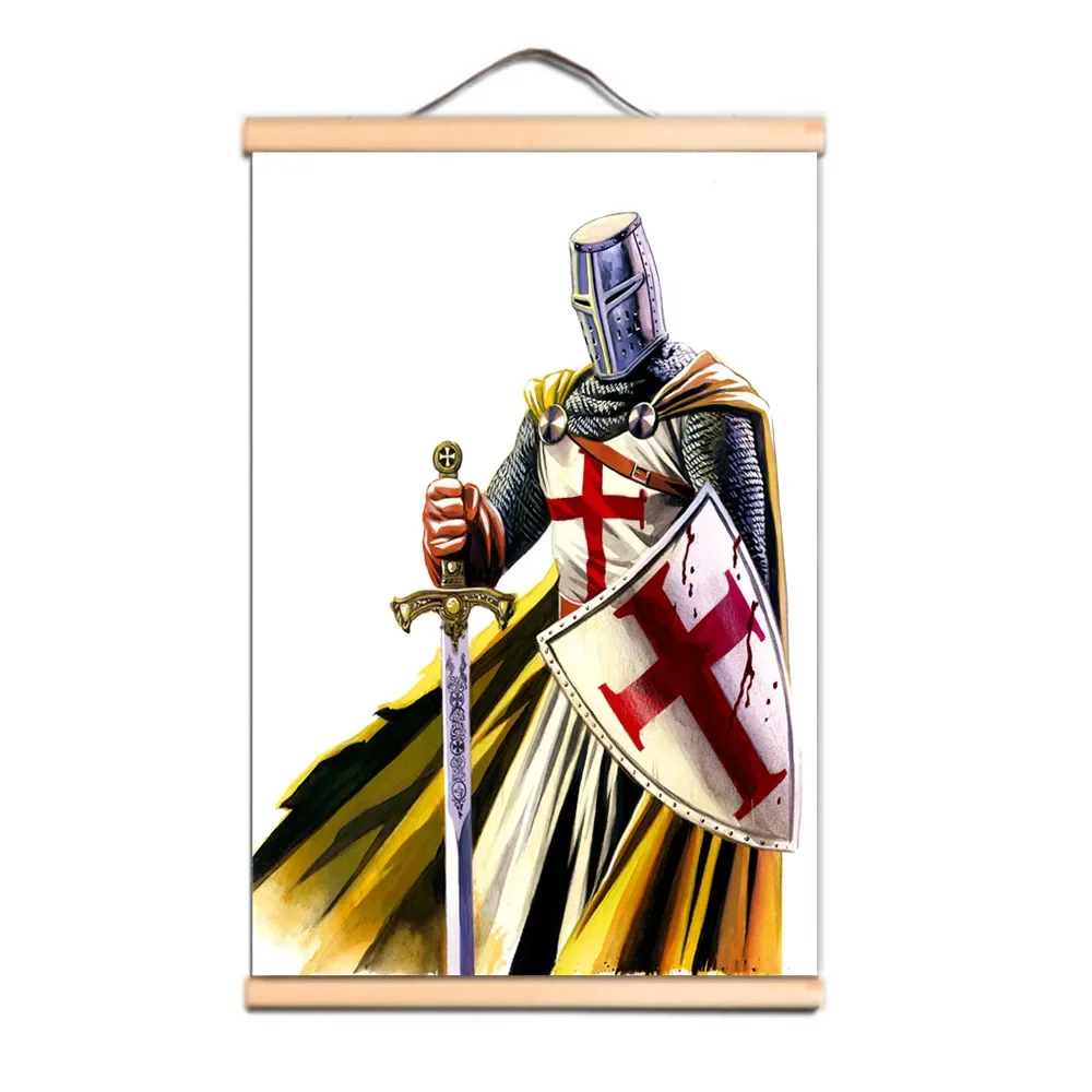 

The Crusades Wall Hanging Flag Vintage Home Decor, Knights Templar Art Posters Canvas Scroll Painting with Solid Wood Axis C3