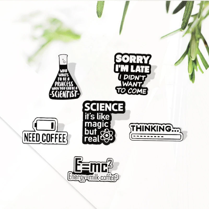 Coffee Milk Pin Bag Lapel Pins Black White Badge Scientist Jewelry Gift Friend Coffee Time Enamel  Pins Science is Magic Energy