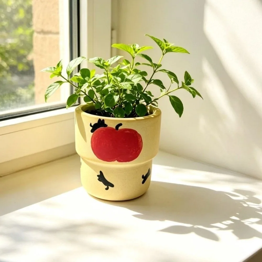 Cute Cartoon Style Ceramic Flower Pot Flower Pattern Breathable Flowerpot Planter Vintage Decorative Flower Pot Home Decor