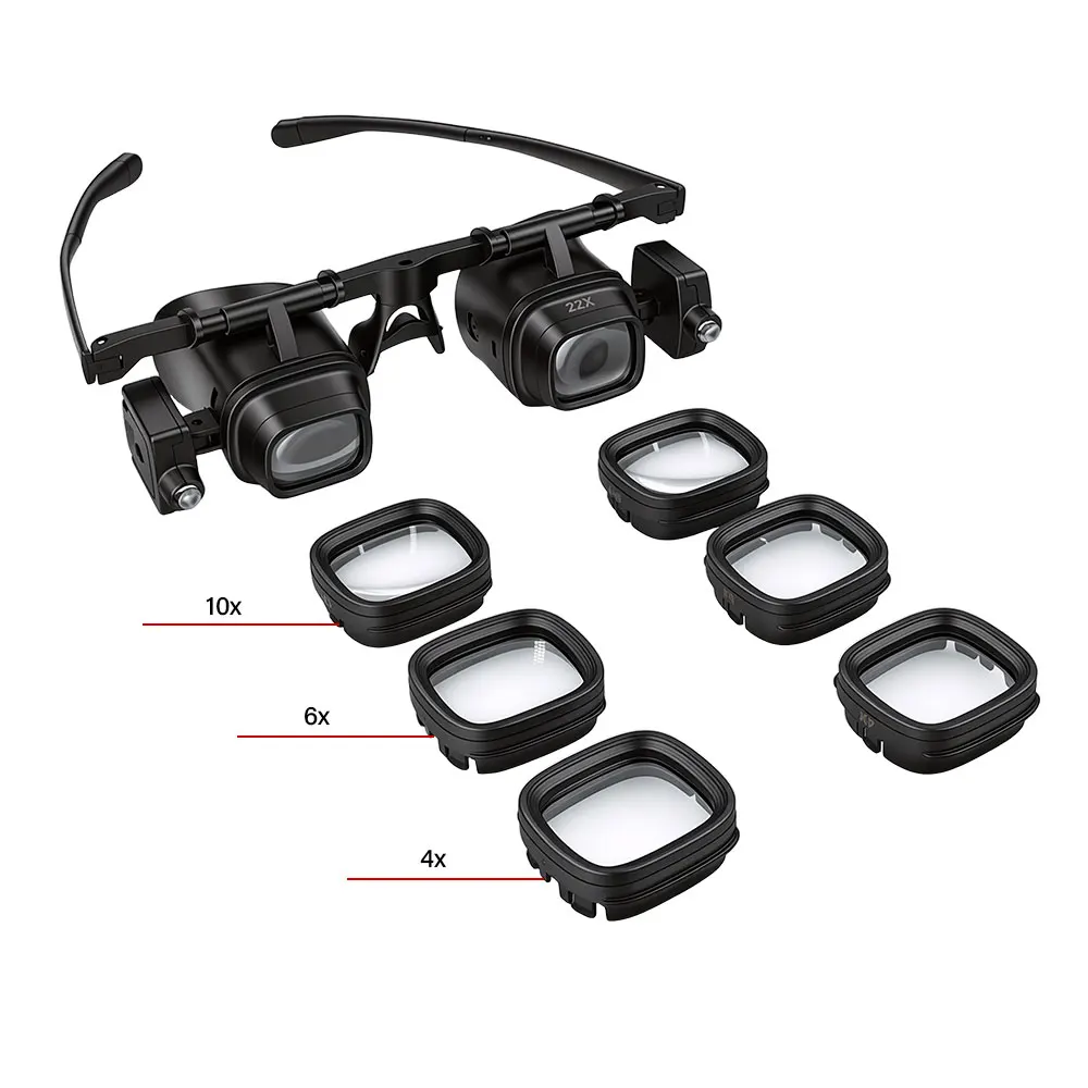 Heiß begehrte Kopfmontierte Lupenbrille, verstellbare Kopfmontierte Lupe für Uhren- und Schmuckreparaturen, 2X 6X 10X 24X mit LED-Beleuchtung – Detail 7