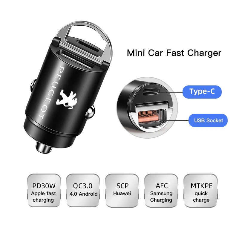 Car Fast Charger USB Type-C Ports Power Adapter Accessories For Peugeot 106 107 205 206 207 208 301 308 307 3008 5008 2008 4008