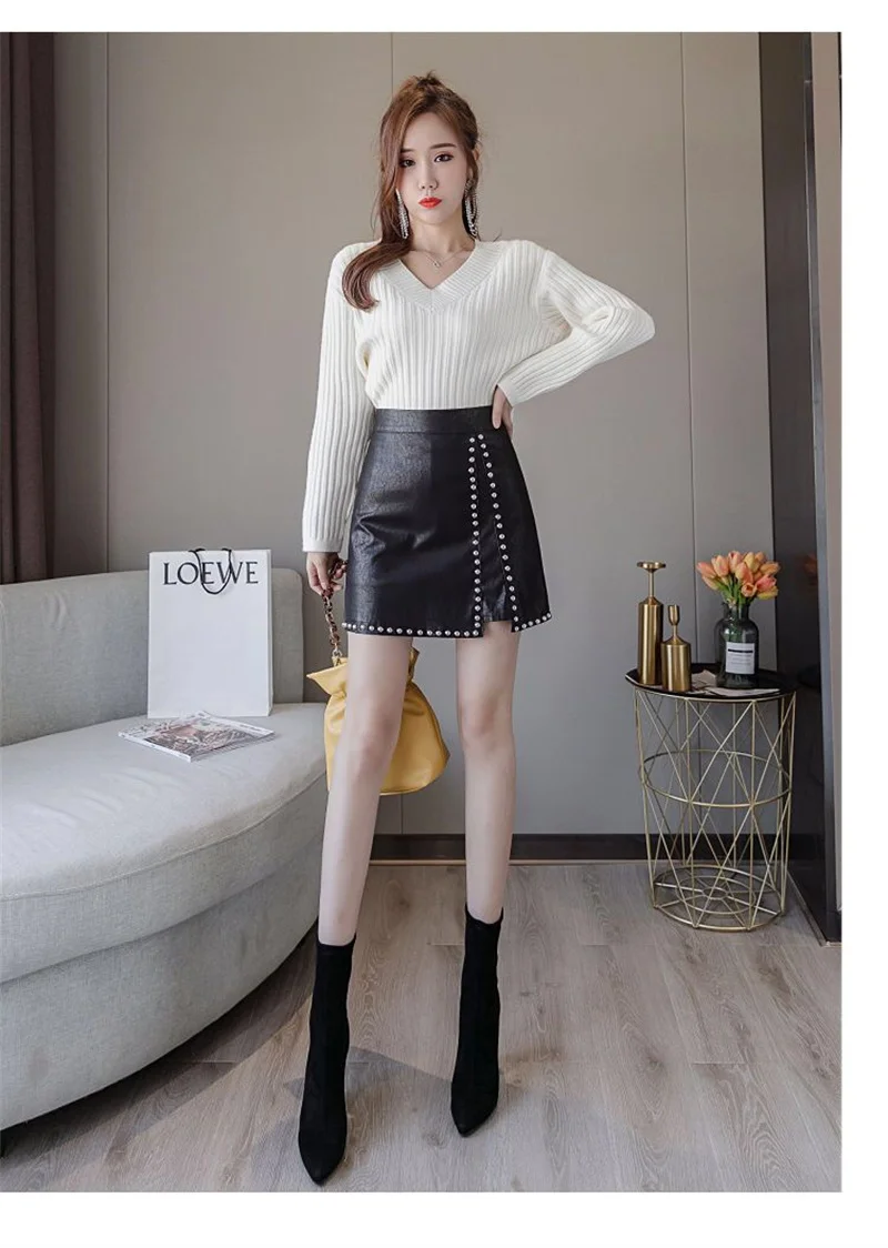 Fall Black Faux Leather Skirts for Women High Waisted Bodycon Mini Basic Pencil Rivet Hip Sexy Skirt with Slit Faldas Streetwear