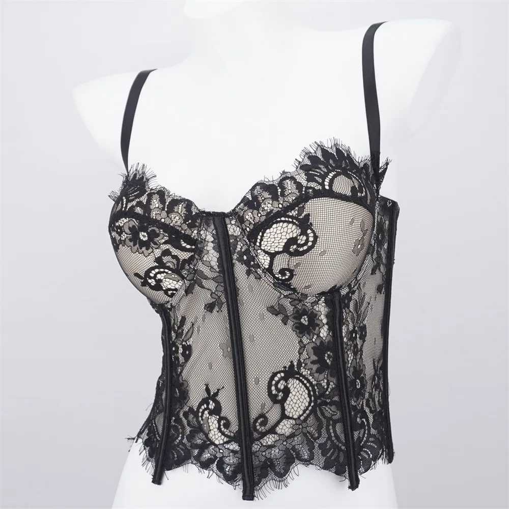 Spicy Girl Style Hollow Lace Camisole Transparent Sleeveless Lace Corset Slim fit Streetwear Crop Tops Travel