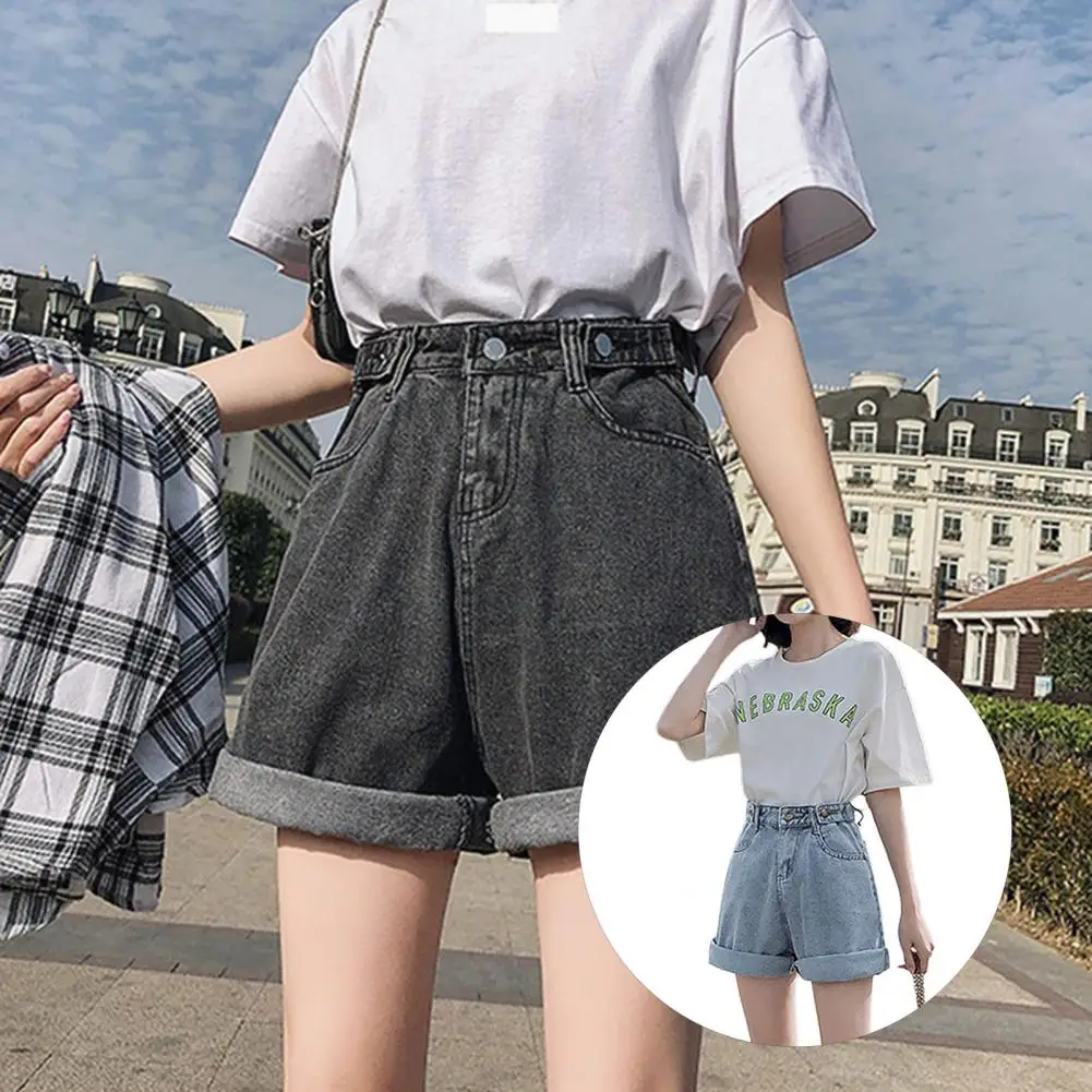 

New Summer Women High Waist Button Wigh Leg Jeans Shorts Casual Female Loose Fit Blue Denim Shorts