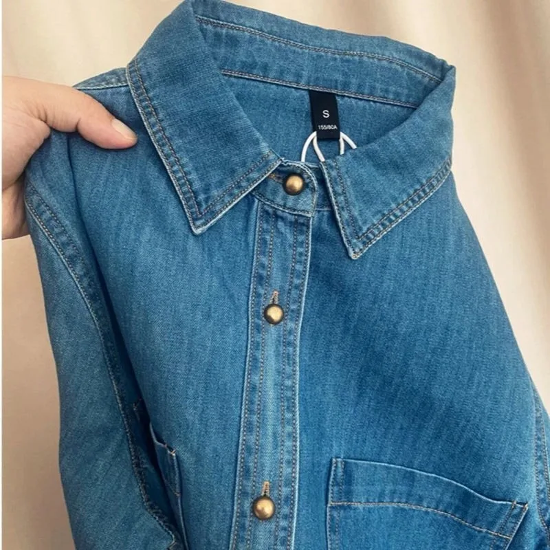 

Женская джинсовая рубашка в ретро-стиле: модная новинка, уникальный дизайн с отложным воротником, однобортная, весенняя коллекция