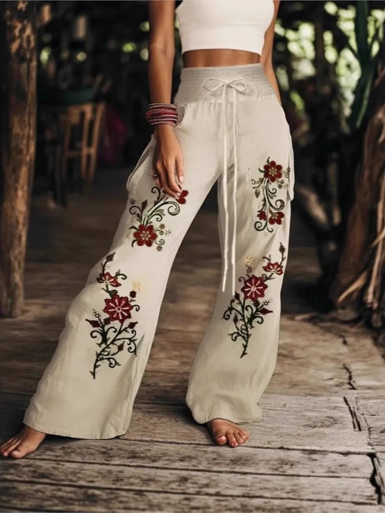 Leisure Flower Print Pant For Woman Spring Autumn Fashion Elastic Waist Lacing Design Trousers Ladies Hot Style Versatile Pants