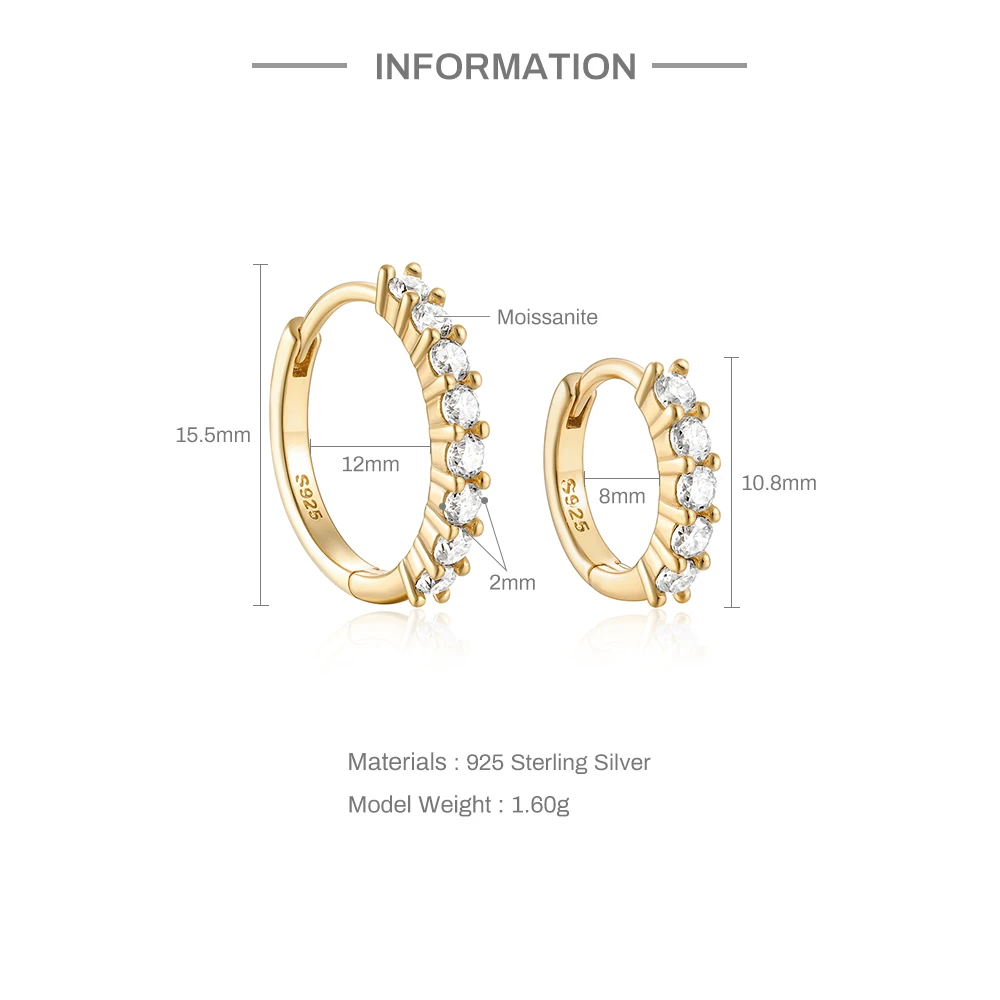 KOJ Exquisite 8MM/12MM Hoop Earrings for Women Original 925 Sterling Silver Real Moissanite Gem Women's Earring 2023 New