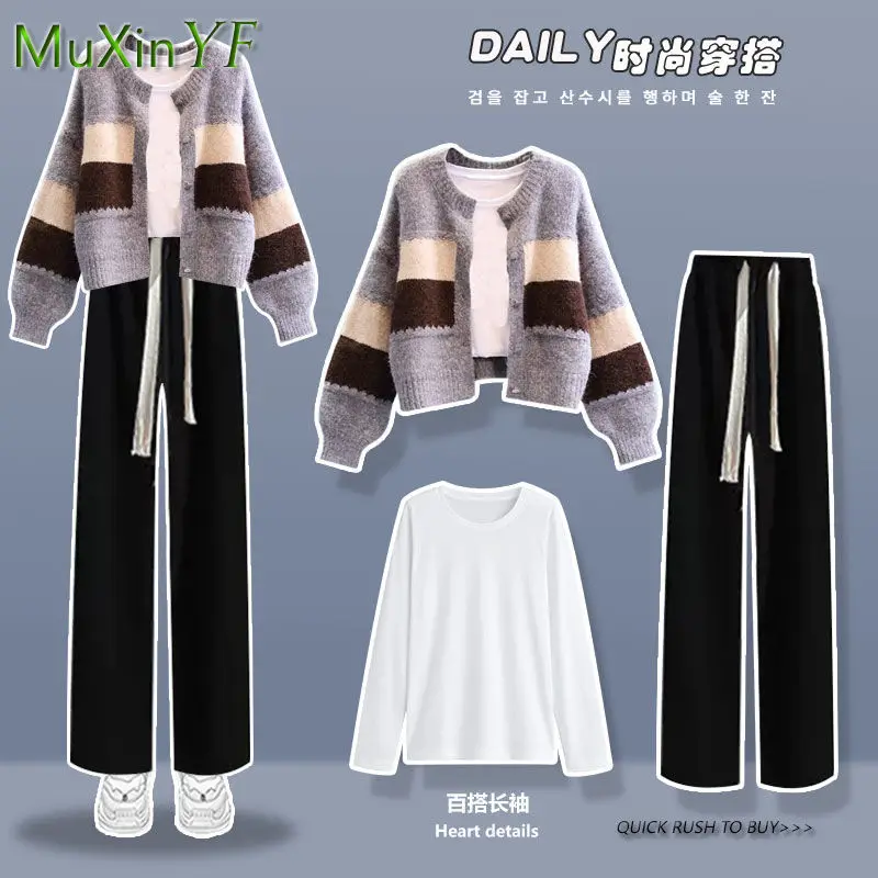 Women's Autumn Winter New Fashion Knitwear Coat+pants Two Piece Korean Elegant Vintage Cardigan High Waist Wide Leg Trousers Set