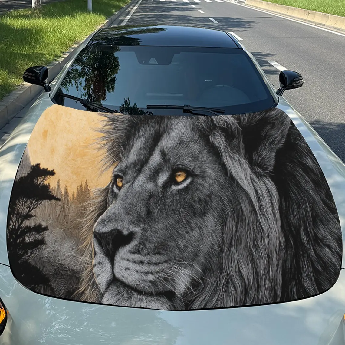 

Dominant Style Cool Lion Car Vinyl Wrap, PVC Waterproof Car Hood Sticker, Self-Adhesive Scratch-Resistant Stickers for Engine Co