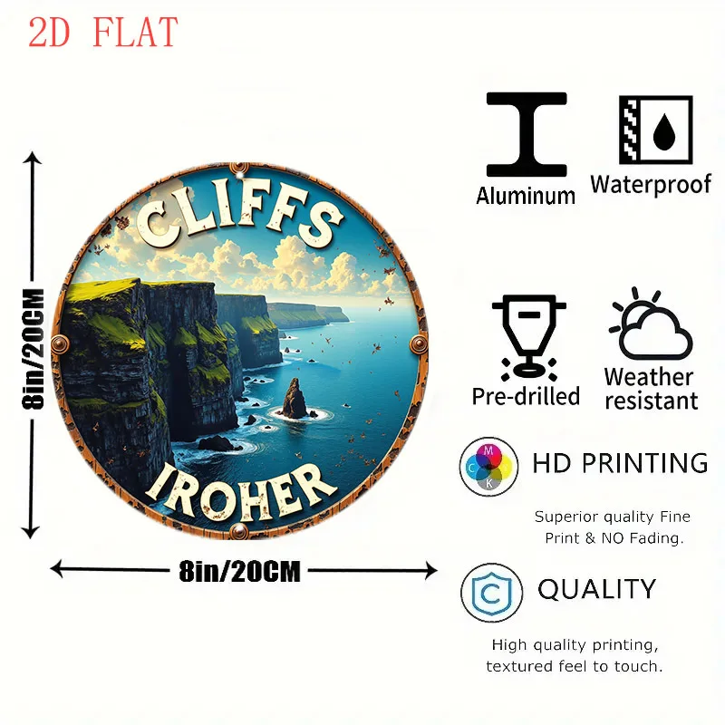 2D Flat, 1pc 20.32cm Cliffs of Moher, Irish Coast Metal Wall Art Sign - Rustic Aluminum Round Irish Landscape Decor, Suitable fo