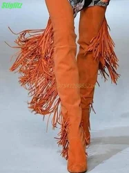 Fringe Over-the-Knee Boots Solid Orange Suede Women's Boots Catwalk Party Shoes Luxury Fashion Winter Square High Heel New 2024