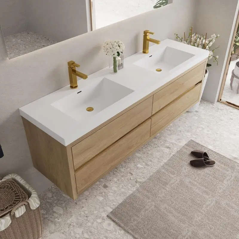 

Настенный туалетный столик для ванной комнаты 72 дюйма с раковиной, плавающий шкаф для хранения вещей, столешница из каменной смолы, ящики с мягким закрыванием, натуральный дуб