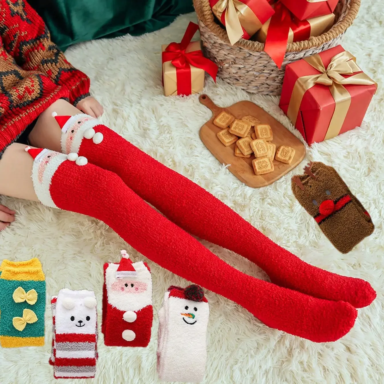 Gestreifte oberschenkelhohe Strümpfe für Damen, Panda, Katze, Winter, warm, Damen, Mädchen, weiß, lustig, über Kniestrümpfe, lang, Weihnachten