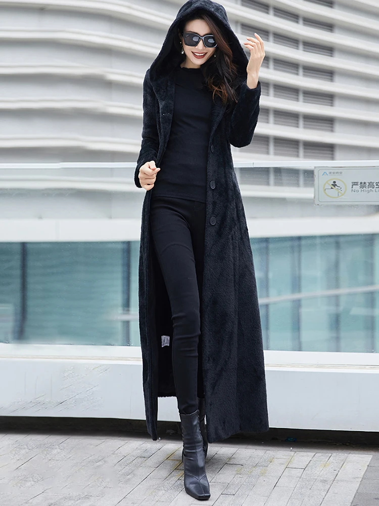 Lautaro Winter Extra Long Black Soft Warm Faux Fur Coat Women with Hood Long Sleeve Slim Fit Maxi Fluffy Korean Fashion 2023