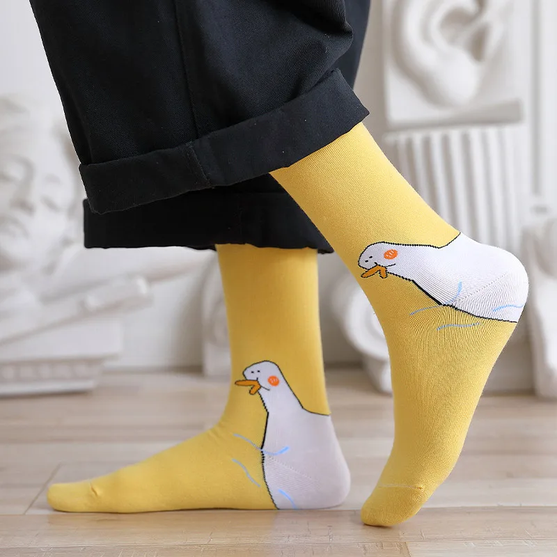 1 Pair Cartoon Women Socks Fashionable And Versatile Cute Design Funny Goose Breathable Soft Comfortable Women Casual Socks﻿