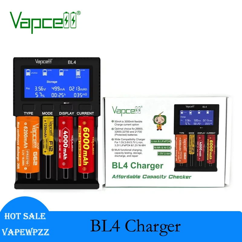 Original Vapcell BL4 Charger 4 Slots Smart Battery Charger With Pro & Simply Mode Battery Protection Support 3A Fast Charge