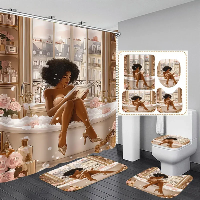 

Elegant Parisian Bath Time Bathroom Set - Waterproof Shower Curtain, Toilet Lid Cover, Bath Mat, and Contour Mat