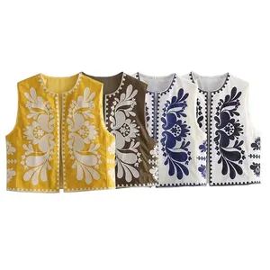TRAF-Short Vesting Jacket Floral Floral Embroidery, Women's National Style Set, Casual Chic vest, Vintage tops-en, 2024 8 Main Sales National Products - №5