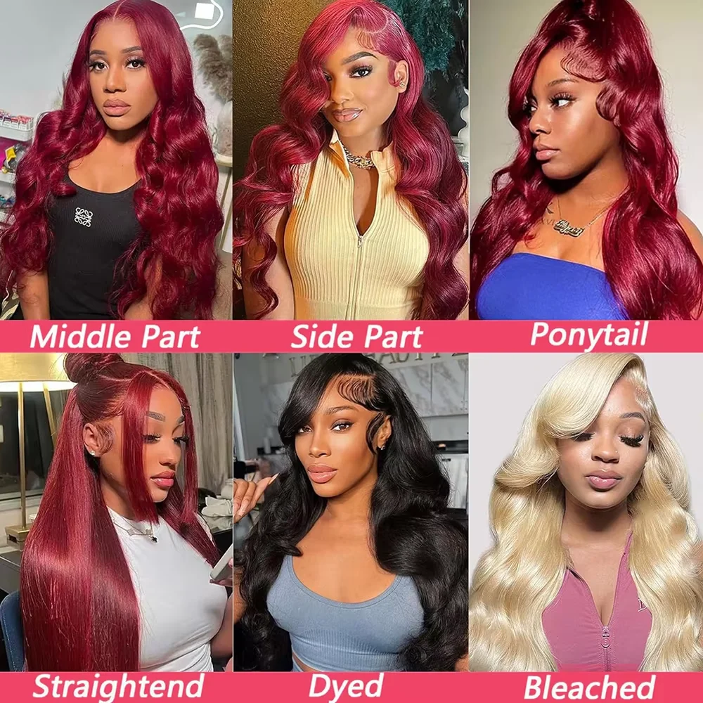 99J Burgundy Red 34 Inch Body Wave Lace Front Wigs 13x4 HD Transparent Human Hair Pre Plucked Dark Burgundy 99J Colored Wig 13x6 Lace  Wigs Pre-Plucked Body Wave Hairstyle For Women view 7