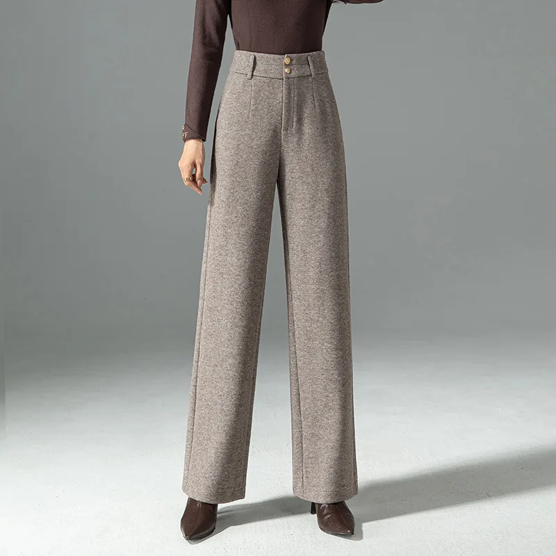 Women's Straight Leg Woolen Pants Thicken Warm Winter Autumn Office Lady Cotton Wool Long Trousers Plus Size