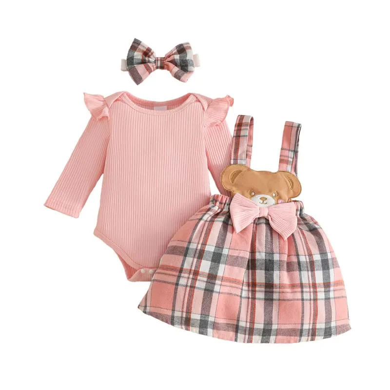 

Autumn 0–18 Months Baby Girl Clothing 3Pcs/Sets Long Sleeves Bodysuits+Cartoon Bear Suspenders Skirts+Hairband Newborn Clothes