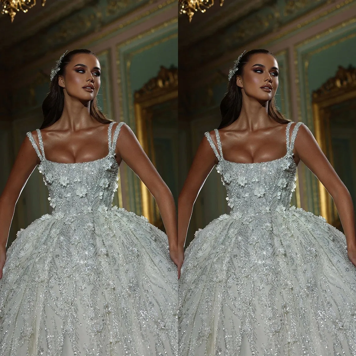 Custom 2026 New Elegant Ball Gown Wedding Dresses Spaghetti Straps Beads Appliques Lace Bridal Gowns  Sweep Train Robe De Mariee