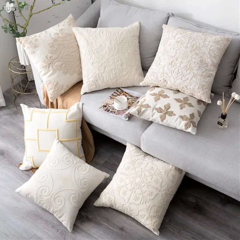 Beige Euro Rope Thread Embroidery Cushion Cover Home Decoration Linen Cotton Boho Style Ethnic Pillow Cover 50x50cm Pillow