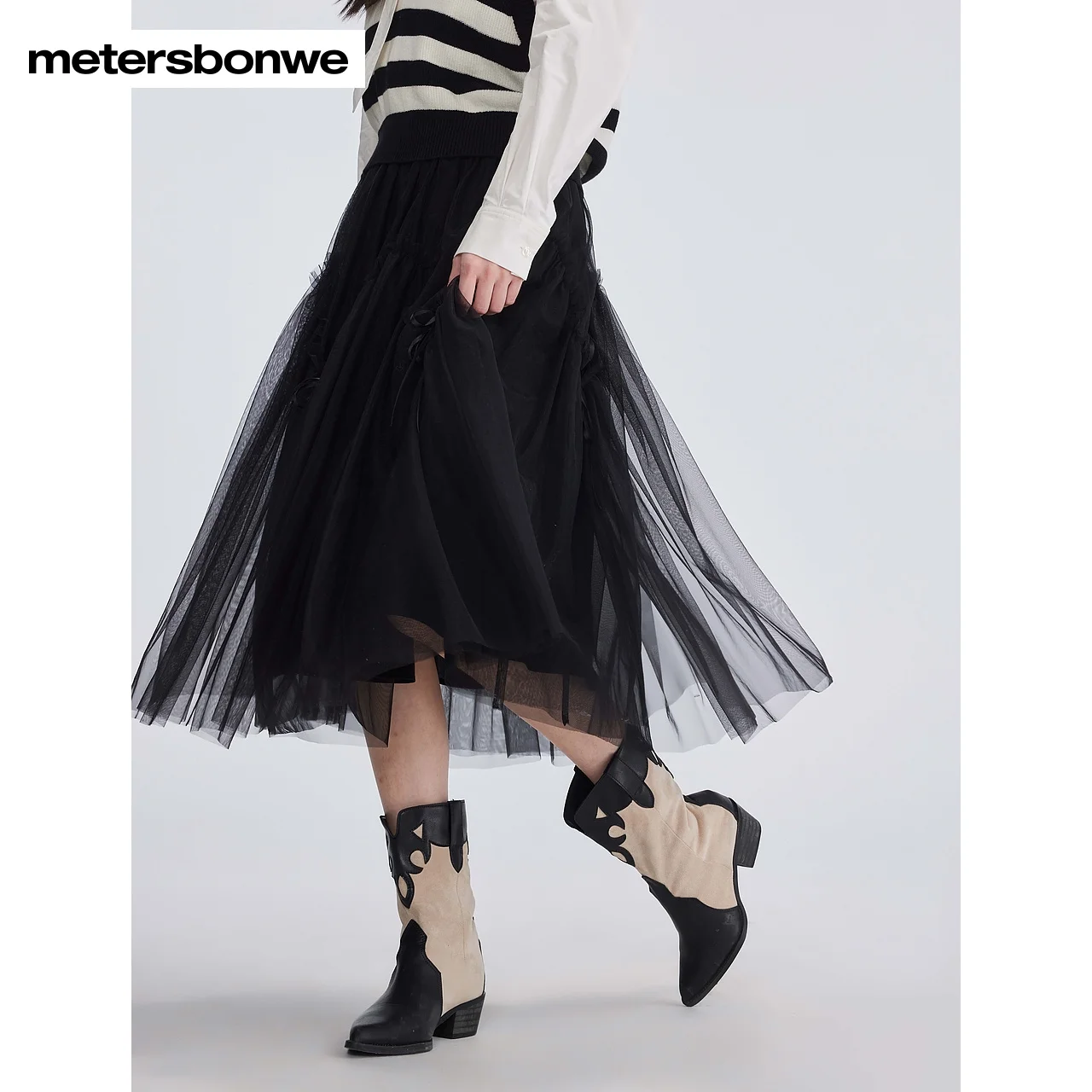 Metersbonwe-dames hoge dichtheid elastische mesh pluizige rok halverwege de kuit lengte strik gebonden gaas rok zoet woon-werkverkeer lente zomer