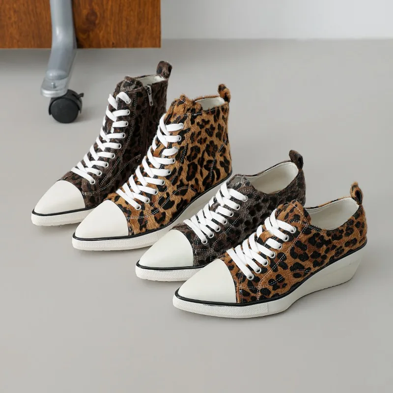 Fashion Leopard Print Casual Women's Sneakers Wedge High Top Loafers 2026 New Pointed Toe Lace Up Women Shoes Zapatos Para Mujer