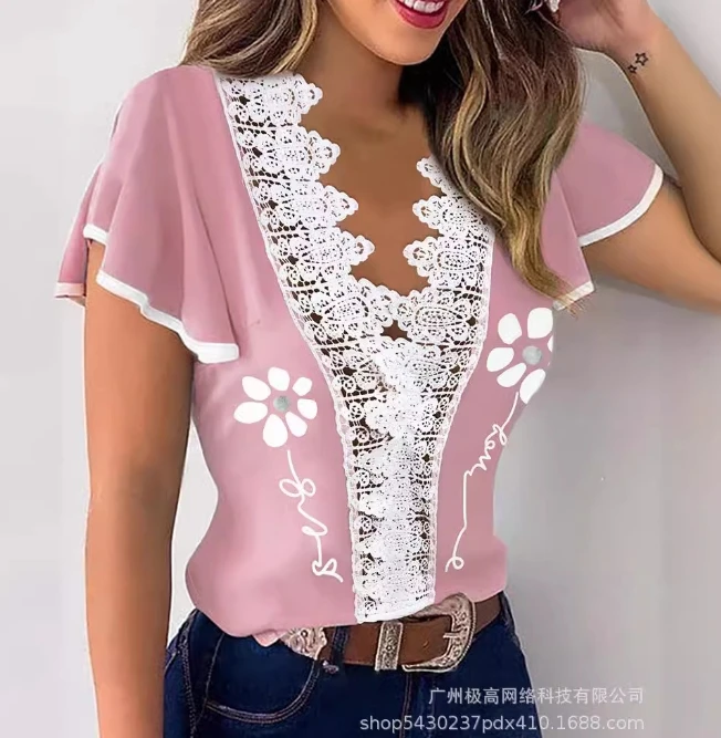 

Top Women 2024 Summer Fashion Pink Ruffle Edge Sexy Lace Patchwork V-Neck Short Sleeved Casual Daily T-Shirt Top