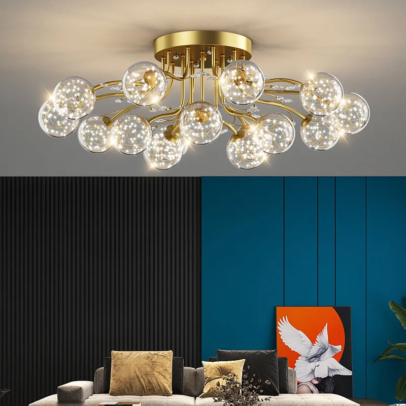 Lámpara de techo de bola de cristal de lujo, candelabro LED estrellado moderno para sala de estar, tienda, decoración interior, luz de techo de dormitorio dorada