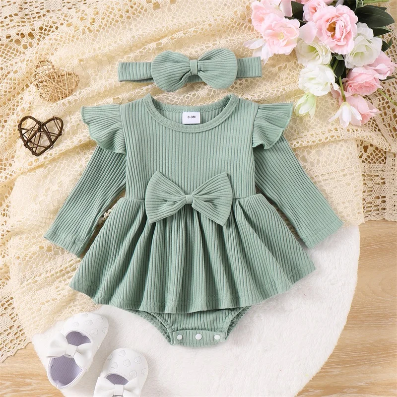 Mubineo Baby Girl Cute Clothes Romper Dress Outfits Fall Winter Ruffle Long Sleeve Basic Plain Rib Knit Newborn Outfit