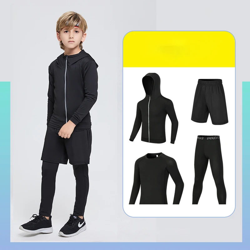 4 Piece Sports Suits for Teenager Boys Compression Fitness Running Training Gym Outfits (Long Sleeve Top Leggings Shorts Jacket)