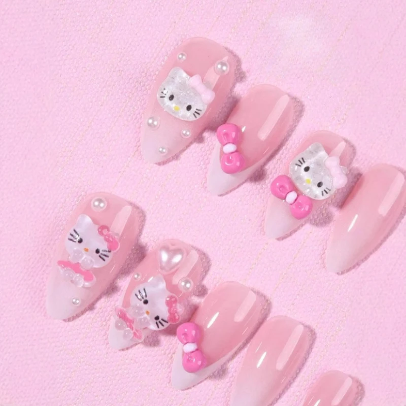 24pcs Almond Sanrio Nails Press On Cute 3d Hello Kitty Decoration Bow With Pearls French Tips Acrylic False Nails Set For Girls