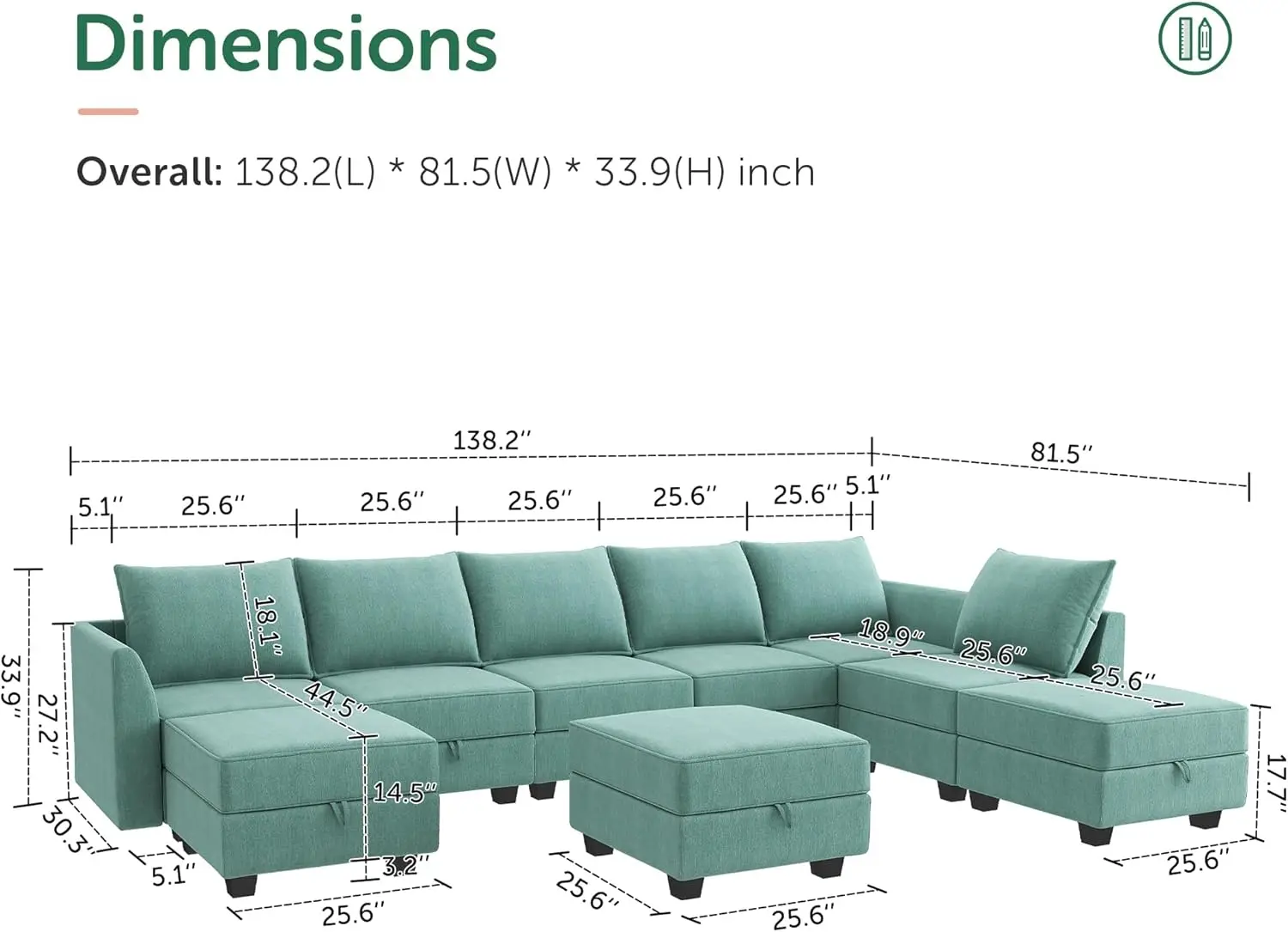 Oversized Modular Sectional Sofa with Storage Reversible Sectional Couch Modular Sofa with Chaise U Shaped Sectional Aqua Blue