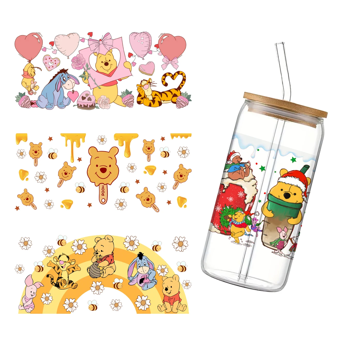 Disney Bear Cartoon Winnie the Pooh UV DTF Sticker DIY For 16oz Glass Cup Waterproof Decals Permanent Adhesive Cup Sticker