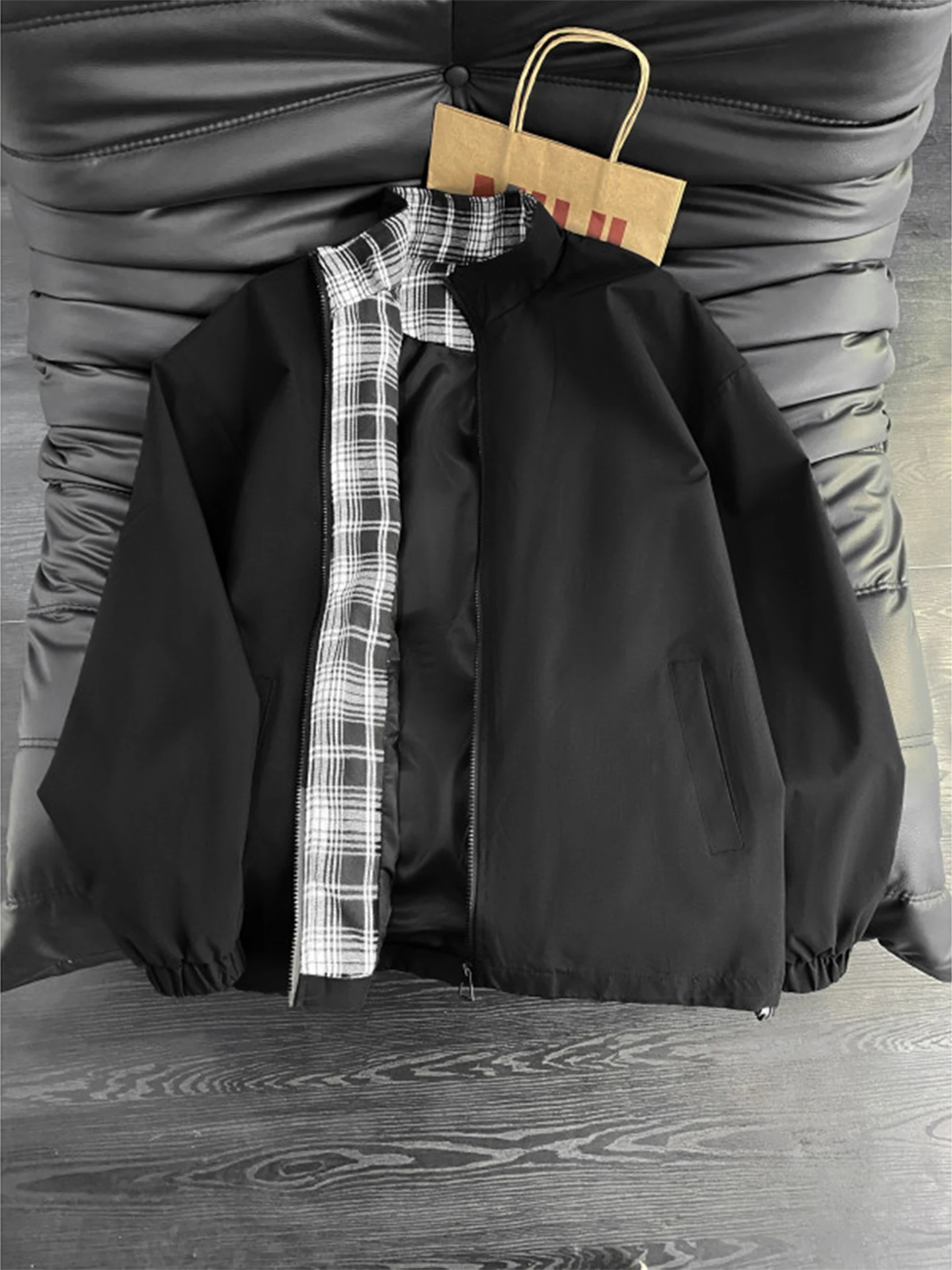 Plaid Splicing Black Three-Proof Men's Spring Autumn American Stand Collar College Style Couple's Flight Jacket Coat