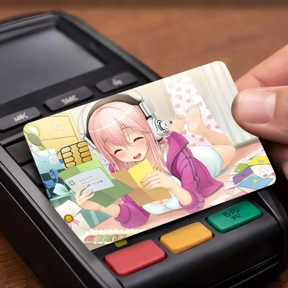 Cute Super Sonico Credit Decorative Card Stickers Suitable For Bank Cards Metro Transit Anti-scratch Gift 4PCS