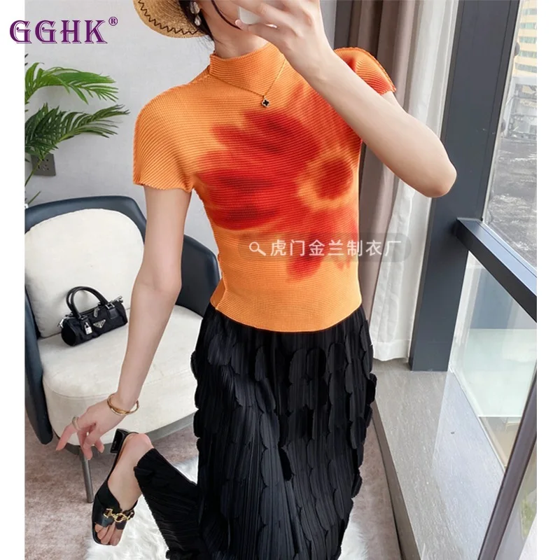 GGHK Pleated Blouse Female 2024 Summer New Slim Thin Retro Printing T-shirt Female Half High Neck Short Sleeve Bottoming Shirt