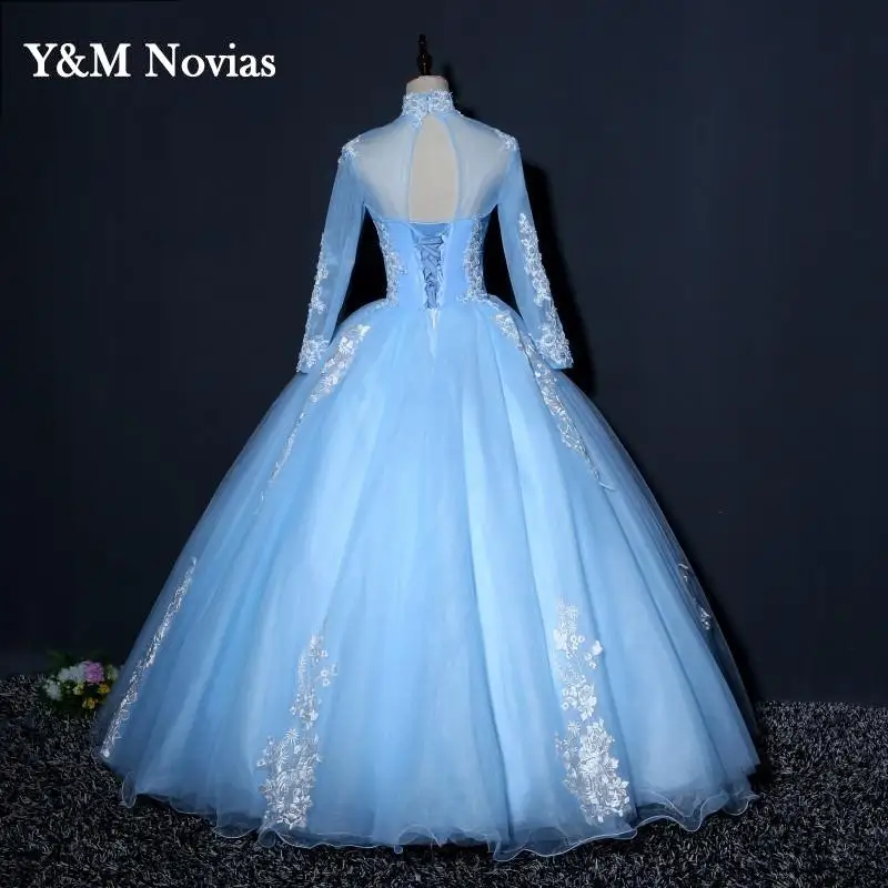 Y&M Illusion Sky Blue Quinceanera Dress Floor Length Sweet High Neck For Party Luxury Embroidery Ball Gown Prom Dress Plus Size