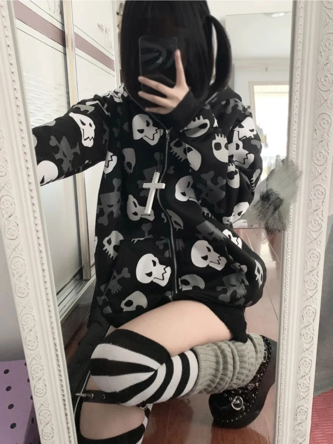 Harajuku Japanese Skull Goth Grunge Zip-up Hooded Streetwear Winter Fashion Hot Girl Punk 2000s Y2k Hoodies Women\'s Sweatshirts