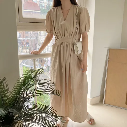 Chic Summer Vintage V-Ne Bubble Sve Long Skirt Dr Women's Slimming Pure Color Chiffon Dr Ci Commute Sle