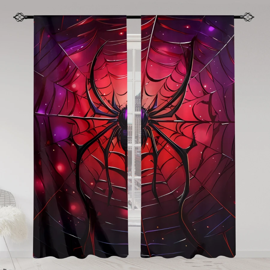 2PCS Digital Printed Curtains, Giant Red Purple Spider Glowing Web Neon, Cyberpunk Gothic Spooky Halloween Window Decor Room