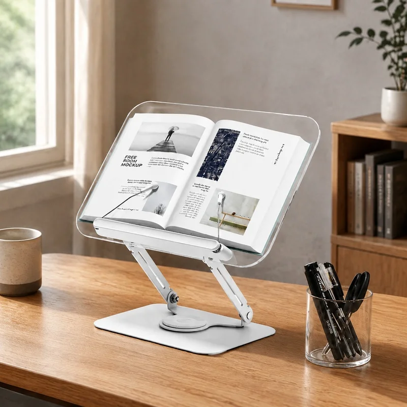 Foldable Desktop Book Holder with Flexible Page Clips and 360-Degree Rotating Base for Reading
