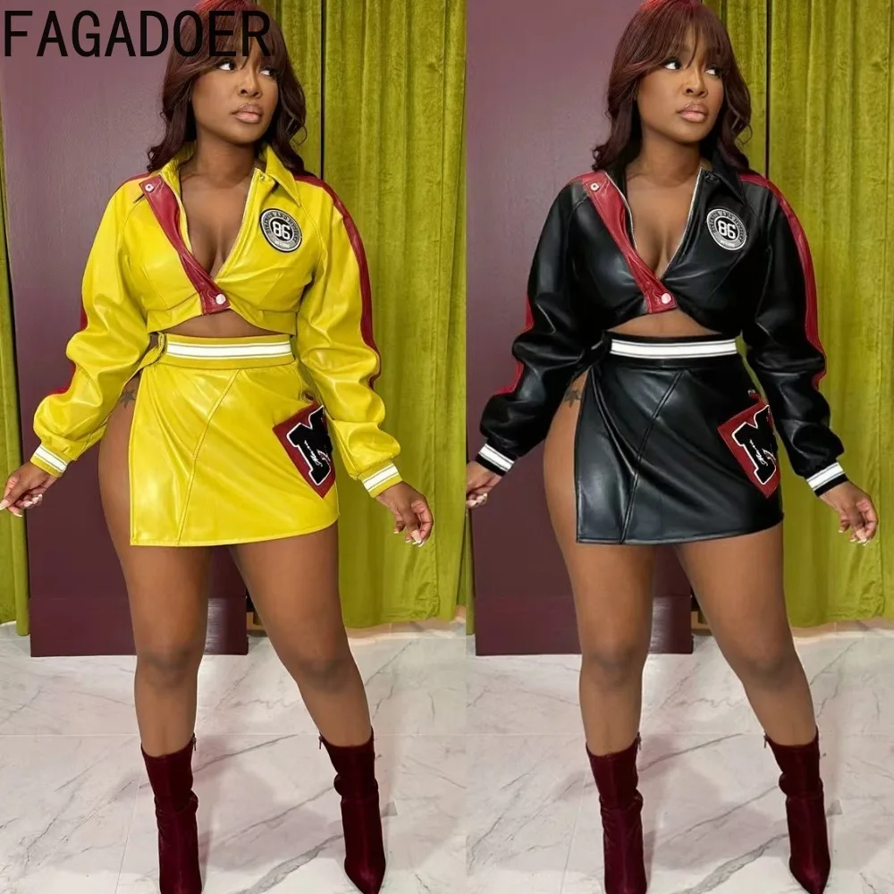 

FAGADOER Punk Fashion Letter Print Leather Patchwork Long Sleeves Crop Jacket + Split Skirt Matching Female 2 Piece Set Outfit