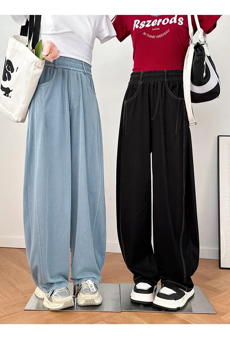 

Denims Wide Leg Pants Women Vintage Jeans Elastic Waist Washed Distressed Pockets Basics Straight Trousers 2025 Streetwear