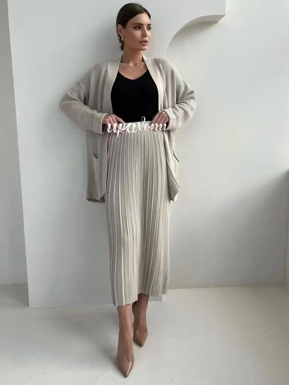 2024 Autumn Casual Women\'S Knitted Skirt Set, Fashionable Oversized Knitted Cardigan Jacket+Pleated Midi Skirt Two-Piece Set