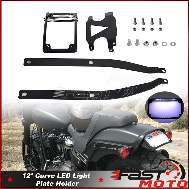 

Motorcycle Curved Number License Plate Mounting Bracket Mount W/ LED Lights For Harley M8 Softail FXFB Fat Bob FXFBS 2018-2024