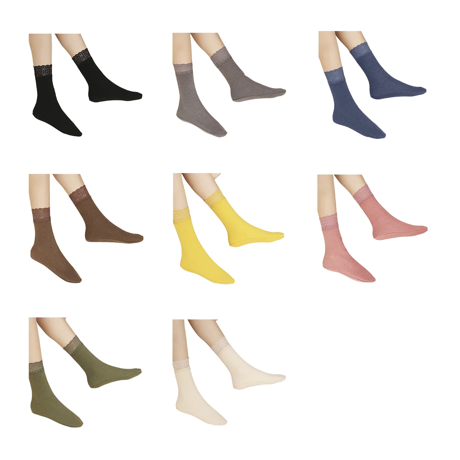 

8-color lace thin velvet pile socks set (black/grey/fog blue/coffee/turmeric/lotus root powder/fruit green/skin color)