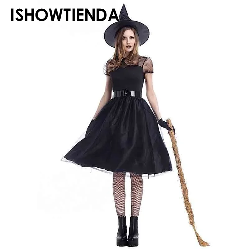 Halloween Dress Cosplay Costume Adult Halloween Women Deluxe Witch Costume Black Full Length Dress Temperament Witch Dress